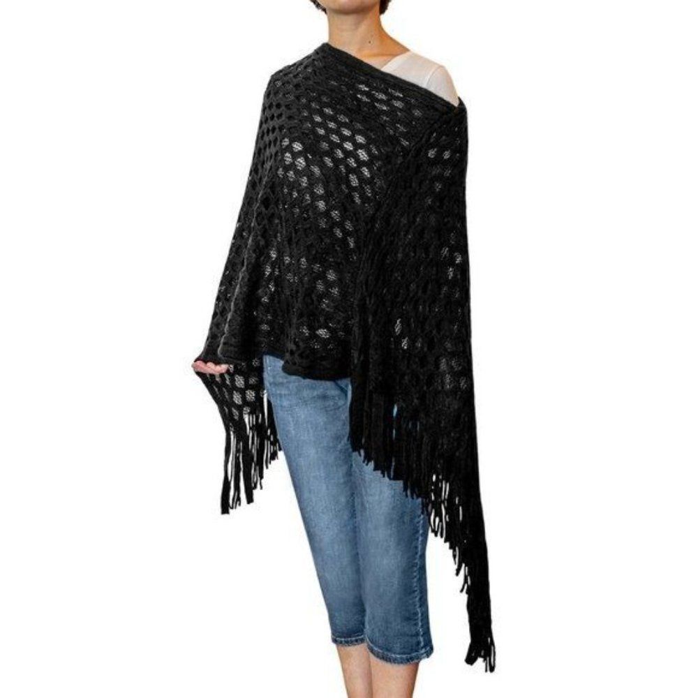 Black Honeycomb Knit Poncho with Tassels - Picture 4 of 4
